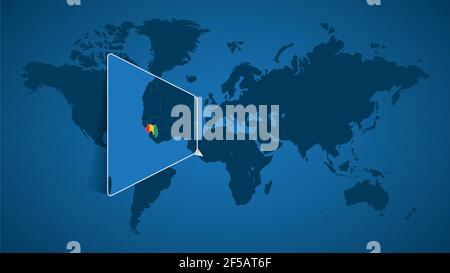 Mappa dettagliata del mondo con mappa ingrandita della Guinea e dei paesi vicini. Bandiera e mappa della Guinea. Illustrazione Vettoriale