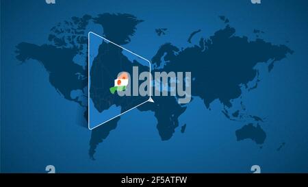 Mappa dettagliata del mondo con mappa ingrandita del Niger e dei paesi vicini. Niger bandiera e mappa. Illustrazione Vettoriale
