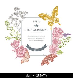 Design distintivo con borsetta pastorello pastello, erica, iris japonica, sakura, gypsophila, mandorla, farfalla al limone, tigre piana, papilio torquatus, rose Illustrazione Vettoriale