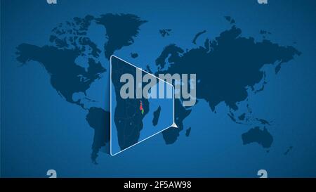 Mappa dettagliata del mondo con mappa ingrandita del Malawi e dei paesi vicini. Bandiera e mappa del Malawi. Illustrazione Vettoriale