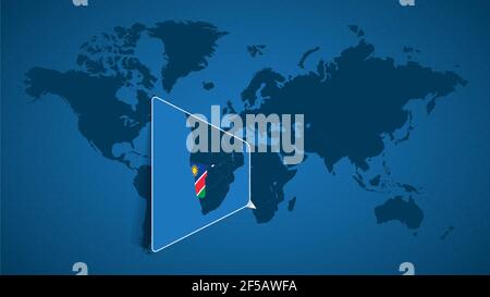 Mappa dettagliata del mondo con mappa ingrandita della Namibia e dei paesi vicini. Bandiera e mappa della Namibia. Illustrazione Vettoriale