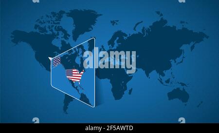 Mappa dettagliata del mondo con mappa ingrandita degli Stati Uniti e dei paesi vicini. Bandiera e mappa degli Stati Uniti. Illustrazione Vettoriale