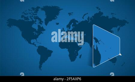 Mappa dettagliata del mondo con mappa ingrandita con perni di Vanuatu e paesi vicini. Vanuatu bandiera e mappa. Illustrazione Vettoriale