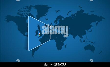 Mappa dettagliata del mondo con mappa ingrandita del Galles e dei paesi vicini. Bandiera e mappa del Galles. Illustrazione Vettoriale