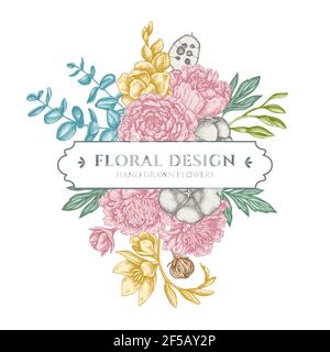 Bouquet floreale con fico pastello, eucalipto, pony, cotone, freesia, brunia Illustrazione Vettoriale