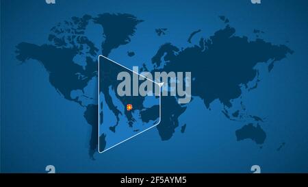 Mappa dettagliata del mondo con mappa ingrandita della Macedonia e dei paesi vicini. Bandiera e mappa della Macedonia del Nord. Illustrazione Vettoriale