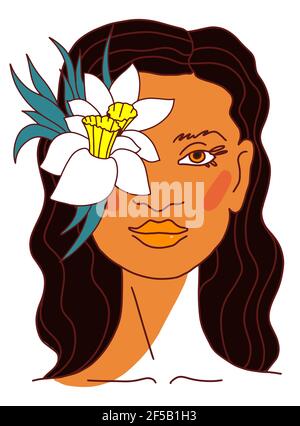 Modern Beauty ragazza con lunghi capelli neri ondulati viso stilizzato con fiori. Illustrazione vettoriale stile linea Illustrazione Vettoriale