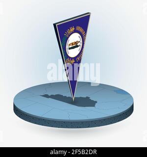 Mappa del Kentucky in stile isometrico rotondo con bandiera triangolare 3D dello stato degli Stati Uniti del Kentucky, mappa vettoriale in colore blu. Illustrazione Vettoriale