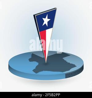 Mappa del Texas in stile isometrico circolare con bandiera triangolare 3D dello stato degli Stati Uniti del Texas, mappa vettoriale in colore blu. Illustrazione Vettoriale