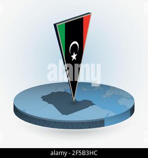 Mappa della Libia in stile isometrico circolare con bandiera triangolare 3D della Libia, mappa vettoriale in colore blu. Illustrazione Vettoriale