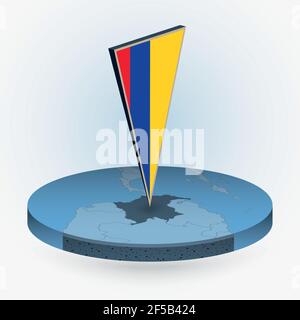 Mappa colombiana in stile isometrico rotondo con bandiera triangolare 3D della Colombia, mappa vettoriale in colore blu. Illustrazione Vettoriale