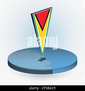 Mappa della Guyana in stile isometrico rotondo con bandiera triangolare 3D della Guyana, mappa vettoriale in colore blu. Illustrazione Vettoriale