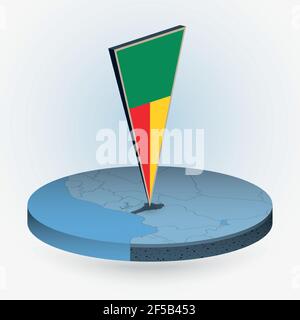 Mappa Benin in stile isometrico rotondo con bandiera triangolare 3D di Benin, mappa vettoriale in colore blu. Illustrazione Vettoriale