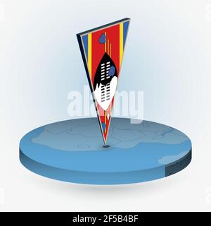 Mappa Swaziland in stile isometrico circolare con bandiera triangolare 3D dello Swaziland, mappa vettoriale in colore blu. Illustrazione Vettoriale