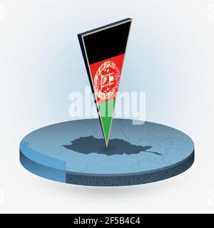 Mappa dell'Afghanistan in stile isometrico circolare con bandiera triangolare 3D dell'Afghanistan, mappa vettoriale in colore blu. Illustrazione Vettoriale