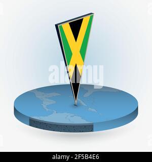 Mappa della Giamaica in stile isometrico rotondo con bandiera triangolare 3D della Giamaica, mappa vettoriale in colore blu. Illustrazione Vettoriale