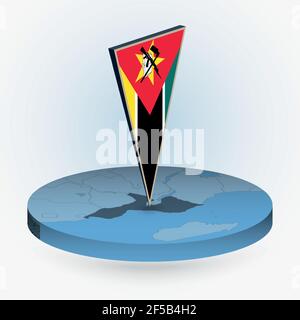 Mappa del Mozambico in stile isometrico rotondo con bandiera triangolare 3D del Mozambico, mappa vettoriale in colore blu. Illustrazione Vettoriale