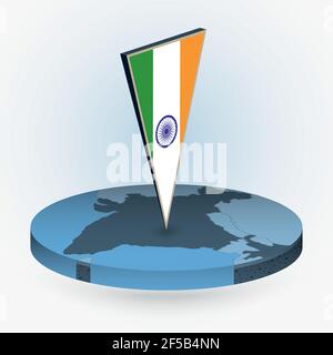Mappa dell'India in stile isometrico rotondo con bandiera triangolare 3D dell'India, mappa vettoriale in colore blu. Illustrazione Vettoriale