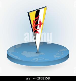 Mappa Brunei in stile isometrico rotondo con bandiera triangolare 3D del Brunei, mappa vettoriale in colore blu. Illustrazione Vettoriale
