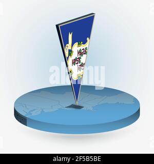Mappa del Connecticut in stile isometrico circolare con bandiera triangolare 3D del Connecticut di Stato degli Stati Uniti, mappa vettoriale in colore blu. Illustrazione Vettoriale