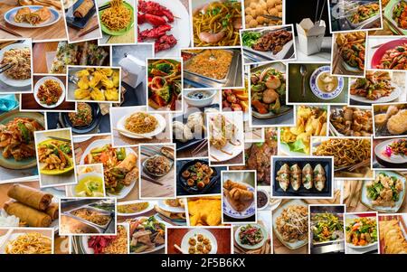 Varietà di molte popolari cene di cibo cinese come sfondo collage Foto Stock