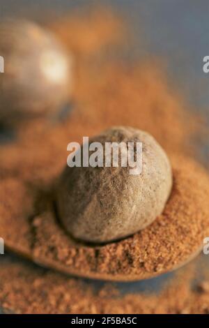 Noce moscata spice. Noce moscata intera e macinata in un cucchiaio di legno primo piano Su uno schiffer background.Speices ed erbe Concept.Food Ingredient.Nutmeg polvere Foto Stock