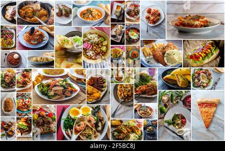 Collage di molte delle famose in tutto il mondo la cena alimenti e antipasti Foto Stock