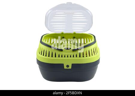 Piccola gabbia in plastica. Supporto per roditori. Contenitore in plastica isolato grigio-verde. Foto Stock