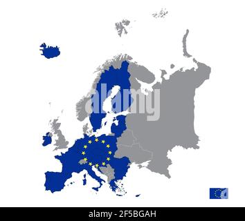 Mappa dell'Europa nei colori della bandiera Con stati separati Unione europea vuota Foto Stock