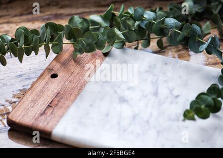 Podio per la pubblicità di prodotti cosmetici. Rami di eucalipto su tavola di marmo. Foto Stock