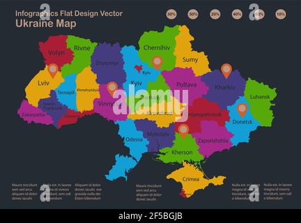 Infografica Mappa Ucraina, colori a disegno piatto, con nomi di singole regioni, sfondo blu con vettore di punti arancioni Illustrazione Vettoriale