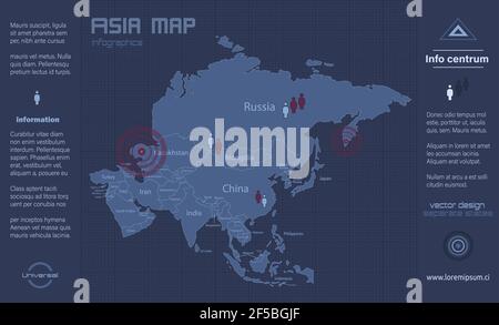 Mappa dell'Asia, stati individuali, vettore di disegno piatto blu infografico Illustrazione Vettoriale
