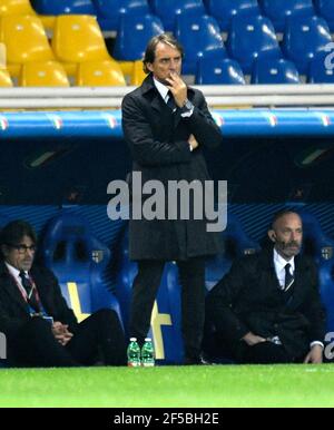 Il manager italiano Roberto Mancini durante la Coppa del mondo FIFA 2022 che si qualificava per il gruppo C allo Stadio Ennio Tardini di Parma. Data immagine: Giovedì 25 marzo 2021. Foto Stock