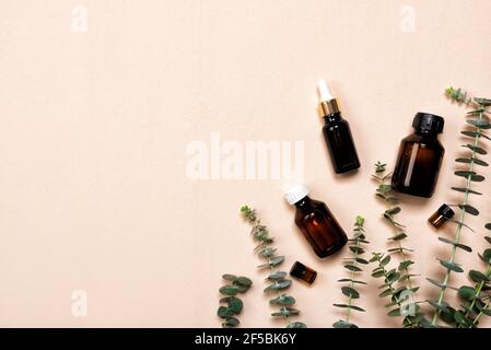 Bottiglie di vetro marrone di essenza o siero con foglie di eucalipto naturale su sfondo beige. Cosmetici naturali e spa a disposizione Foto Stock