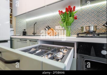 Cassetti estraibili nel cabinet in teal di lusso e bianco arredamento moderno della cucina Foto Stock