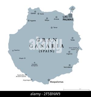 Gran Canaria mappa politica grigia con la capitale Las Palmas e importanti città. Grand Canary Island, parte della Spagna. Foto Stock