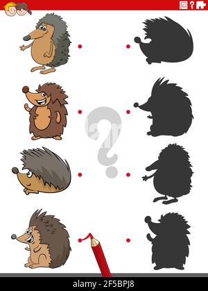 Illustrazione cartoon di abbinare le ombre destra con immagini educative gioco per bambini con caratteri hedgehogs Illustrazione Vettoriale