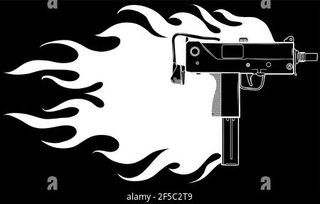 Illustrazione vettoriale di una pistola uzi con fiamme Illustrazione Vettoriale