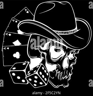 silhouette bianca di cranio da cowboy con asso da poker e dadi Illustrazione Vettoriale