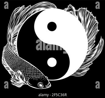 La silhouette bianca di Yin Yang betta splendens pesce figura vettoriale arte Illustrazione Vettoriale