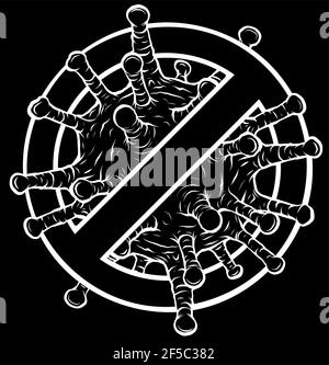 Silhouette bianca del segno proibito con l'icona del glifo delle particelle del virus Illustrazione Vettoriale