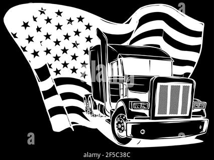 Silhouette bianca del camion americano classico. Illustrazione vettoriale con bandiera americana Illustrazione Vettoriale