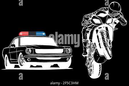 La silhouette bianca dell'automobile della polizia sta inseguendo un criminale su una motocicletta. Illustrazione Vettoriale