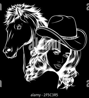 silhouette bianca di ragazza vestita da cowboy con cavallo Illustrazione Vettoriale