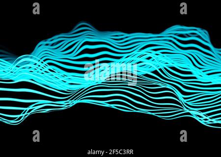 illustrazione 3d delle linee di colore blu incandescente. Equalizzatori di linee musicali su sfondo nero isolato Foto Stock