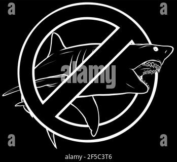 Silhouette bianca del predatore marino, lo squalo sullo sfondo del segno di divieto Illustrazione Vettoriale