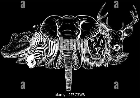 Silhouette bianca di Cartoon african Wild Animals su sfondo bianco Illustrazione Vettoriale