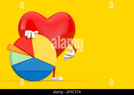 Mascotte di carattere del cuore rosso con grafico di affari della torta di Info su uno sfondo giallo. Rendering 3d Foto Stock