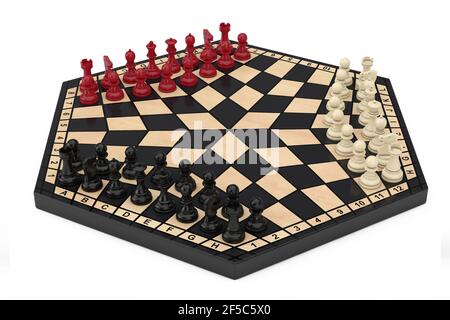 Tre giocatori Chessboard esagonale con Scacchi su sfondo bianco. Rendering 3d Foto Stock