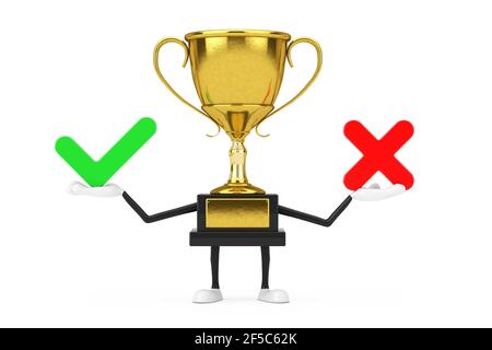 Vincitore del Golden Award Trophy Mascot personaggio persona con Croce Rossa e segno di spunta Verde, Conferma o Nega, Sì o No simbolo su sfondo bianco. 3d Foto Stock